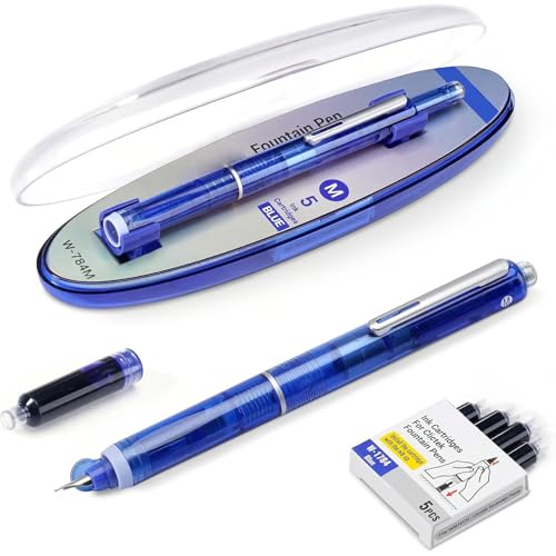 Bpoeee Fountain Pen Retractable:0.38mm Blue&Black Ink Transparent Barrel Includes 5 Refillable Ink Cartridges, Retractable Fountain Pen (Blue ink)