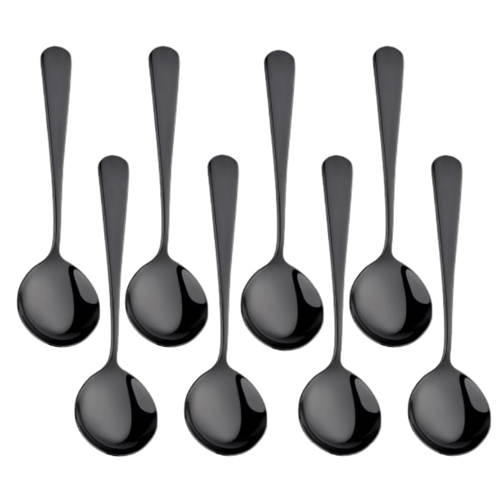 Broth Round Spoon Set, 8 Piece Reusable Stainless Steel Dinner Table Cereal Soup Spoon, 16 cm Camping Ramen Spoons，Dishwasher Safe (Black)