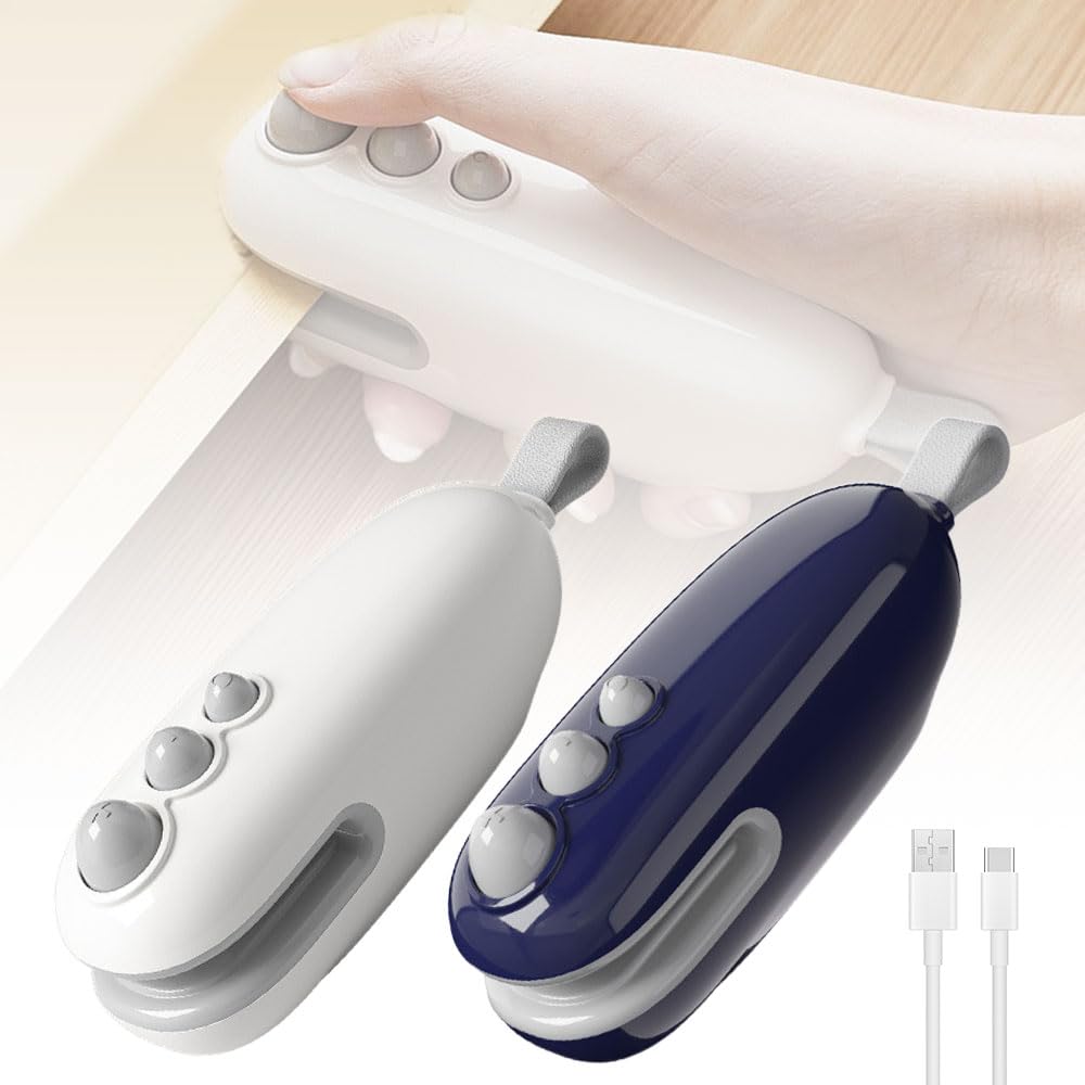 Mini Bag Sealer, 2025 Upgraded 2 in 1 Sealer with Cutter and Magnet, USB Rechargeable Chip Bag Heat Seal, Portable Handheld Resealer Machine for Plastic Bags Snack Bags Food Storage (2, White + Blue)