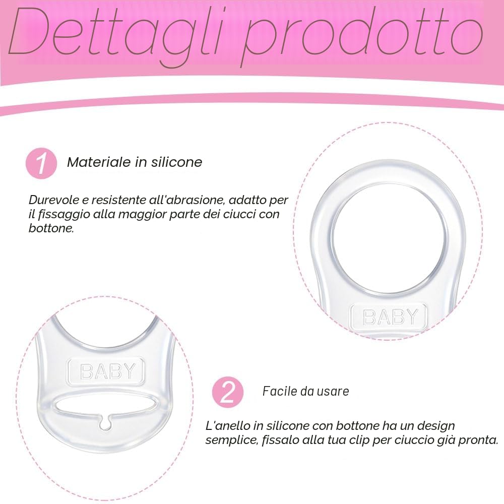 Adattatore per Ciuccio in Silicone Trasparente, 2 Pezzi Anello con Clip Supporto Porta Ciuccio