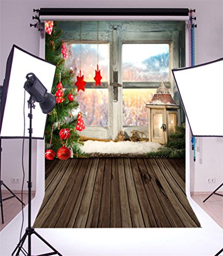 YongFoto 1x1,5m Foto Hintergrund Weihnachten Vinyl Weihnachtsbaumschmuck Fensteransicht Holzboden Fotografie Hintergrund Foto Leinwand Kinder Fotostudio 100x150cm