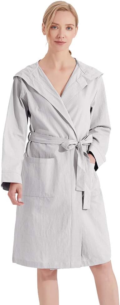 Womens Hooded Robes Cotton Bathrobe Knee Length Summer Nightwear Grey L
