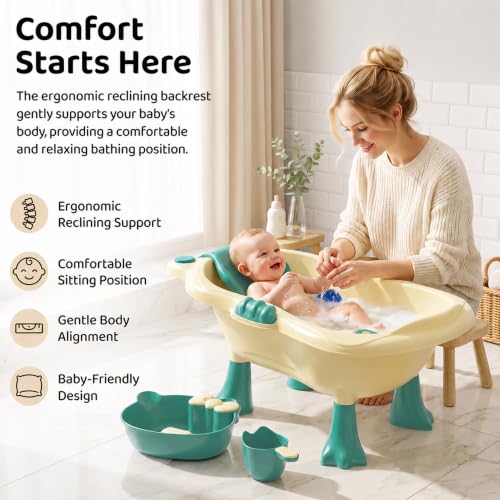 Image of StarAndDaisy Baby Bath Tub for 0 to 5 Years with Bathing Accessories Tray & Mug | Baby Bather for 0 to 2 Years | BPA Free Baby Bath tub for Kids 0-3 Years with 4-Leg Support (Cream-Green, Bathtub with Legs)