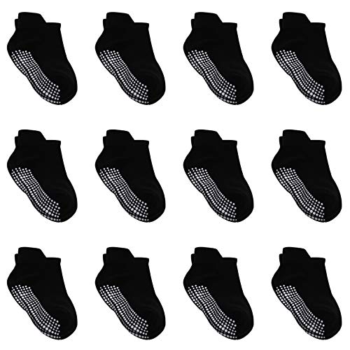 12 Pairs Non-Slip Toddler Socks Grip Ankle Socks Anti-Slip Crew Socks for Baby Boys and Girls Infant Newborn and Kids (Black, 6-12 Months)