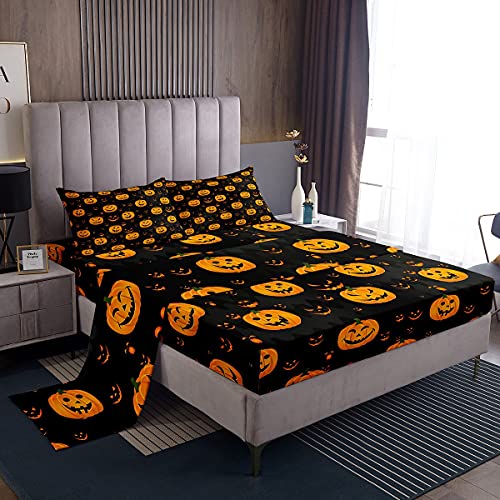 Funny Pumpkin Bed Set Cute Halloween Bed Sheets for Kids Boys Girls Children Orange Black Sheet Set Cartoon Festival Decor Sheets with 1 Pillowcase 3Pcs Bedding Twin