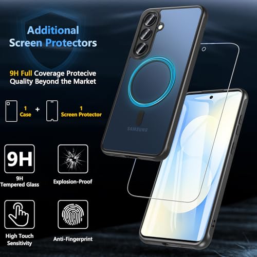 Image of OWKEY for Samsung Galaxy S25 FE Case 6.7'', Magnetic Galaxy S25 FE Case for Magsafe with Tempered Screen Protector [Shockproof Military] Translucent Matte Bumper Phone Cover Samsung S25 FE 5G, Black