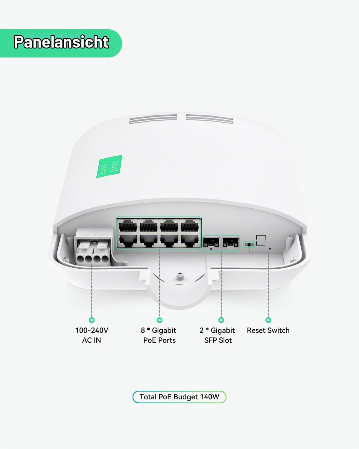 LINOVISION Outdoor 8 Ports Full Gigabit L2 Cloud Managed PoE Switch mit 2 SFP Uplinks, Total 150W Power Budget