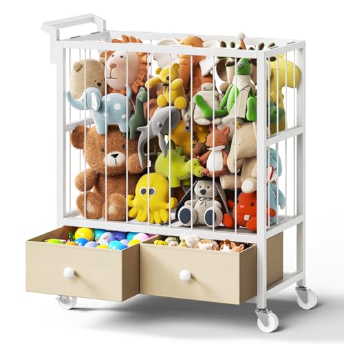 Asgolion Kuscheltier Aufbewahrung Stofftier Aufbewahrung Organizer 360 Drehrollen mit Bremse Plüschtier Aufbewahrungsturm für Kinderzimmer Spielzimmer Weiß