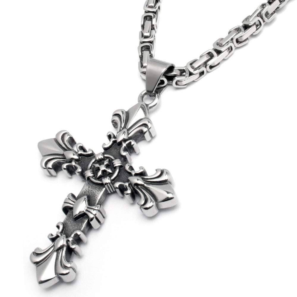 Lilien-Kreuz Anhänger mit Königskette Gothic Kreuz 316L Edelstahl Silber Fleur de Lis Halskette Kette Bikerschmuck Männerschmuck Geschenk