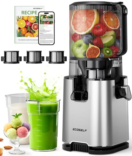 ECOSELF Juicer Machines with 3 Filters (For Juice/Sorbet/Nut Milk), Slow Masticating Juicer With 6.0' Wide Mouth Hopper for Vegetables & Fruits, Self Feeding Design, Juicer for Family Party Gathering