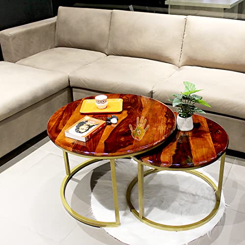 Image of Artlivo Solid Sheesham Wood Round Coffee Table - Set of 2 (27 /22 inch Dia) for Living|Drawing|Bedroom|Office|Balcony|Gift|Diwali|Wedding