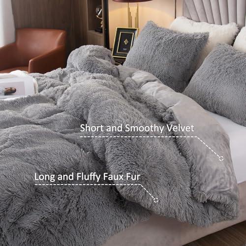 Image of EMME Plush Shaggy Grey Duvet Cover Set Twin Size 2 Pieces Luxury Fuzzy Comforter Cover Set, Soft Faux Fur Fluffy Winter Bedding Set (Grey, Twin)