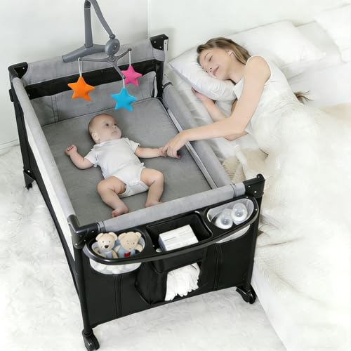 Nine point nine Cuna de Viaje con Cambiador, Cómodo y Resistente Cuna de Viaje Bebe con Colchon, Altura Ajustable Travel Cot, Plegable y Móvil Parque Cunas Bebe (6602 Grey Without Net)