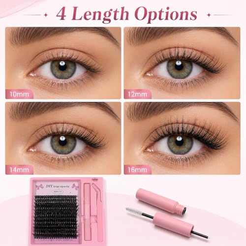 Image of 240 Clusters 80D Volume DIY Segment Lashes - D Curl 10-16mm, Individual Eyelash Extensions Kit with Glue & Tweezer, Natural Fluffy False Eyelashes for Women, Self Adhesive Anime Wink Lashes Bullet Points