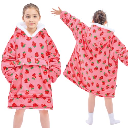 yescool Wearable Blanket Hoodie Kids, Oversized Blanket Sweatshirt with Sherpa Teen Girl Gifts for Kids, Youth, Boys, Girls, 8-15 Year Old Girl Boy Gift Warm Wearable Blankets, One Size, Strawberry
