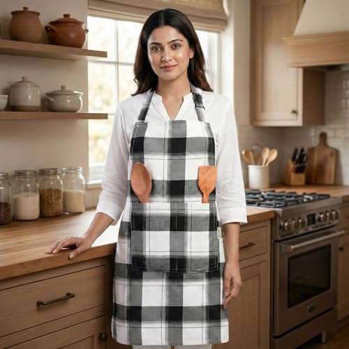 Image of Cotton Kitchen Apron Pack of 2, Checkered Cooking Apron for Women & Home Cooks, Adjustable Strap, Large Pockets, Black and White