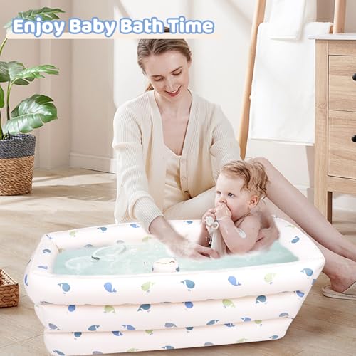 Image of AirSwim Inflatable Baby Bathtub with Built-in Air Pump, Portable Bathtub for Babies 1-5 Years Old, Small Ball Pool, Foldable Bath Tub for Travel, 30.7 x 14.6 Inch (Whale)
