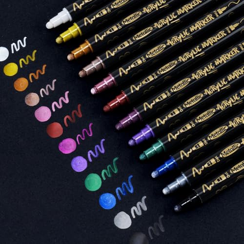 Image of TRANSON 12Colors Metallic Paint Markers Bold and Fine Dual-tip for Rock Wood Ceramic Canvas DIY Painting Drawing