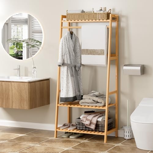 FOREHILL Kleiderständer mit Ablagen Garderobenständer Bambus Kleiderstange mit Anti-Kipp-Vorrichtung für Kleidung Schuhregal Taschen 164x70x42cm