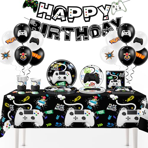 Videospiel Party Zubehör,16 Gäste Video Game Birthday Decorations Videospiele Party Geschirr Teller Becher Luftballons Banner Tischdecke etc Deko Geburtstag
