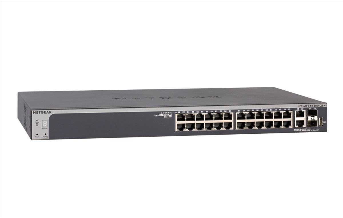 NETGEAR 28-Port Gigabit/10G Stackable Smart Managed Pro Switch (GS728TX) - with 2 x 10G Copper and 2 x 10G SFP+, Desktop/Rackmount, and ProSAFE Lifetime Protection