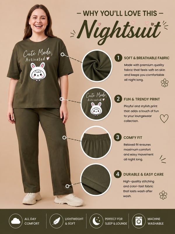 Image of My Swag Womens Nightsuit Set | Cute Bunny Graphic Print T-Shirt & Pajama | Soft Breathable Sleepwear and Loungewear Co-Ord Set for Women