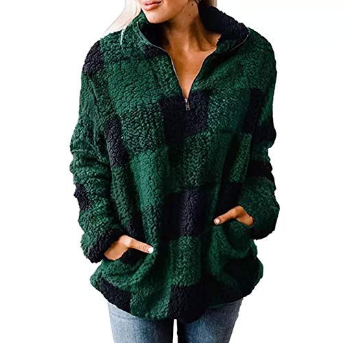 LNX Womens Buffalo Plaid Sweatshirt Quarter Zip Checkered Fleece Pocketed Pullover Jacket Coat Green