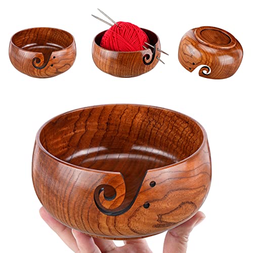 Wooden Yarn Bowl, Knitting Yarn Bowl with Holes Storage Handmade to Prevent Slipping, Perfect Yarn Bowl for Crocheting and Knitting Mothers Day Gift 6" x 3" - Thumbnail 3