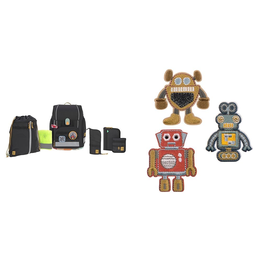 LÄSSIG 7-teiliges Schulranzen Set Kinder/School Set Boxy Unique Schwarz & Textilsticker selbstklebend/Textile Woven Sticker Robots