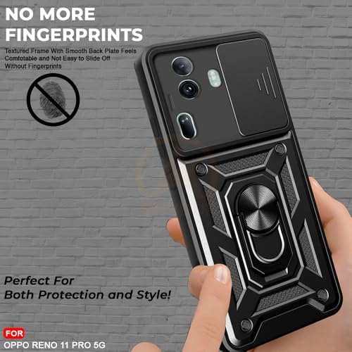 Image of Armor Bumper Back Cover Case for Oppo Reno 11 Pro 5G Rotating Camera Cover, Ring Holder & Kickstand | Heavy Duty & 360 Degree Protection Oppo Reno 11 Pro 5G Back Cover (Black)