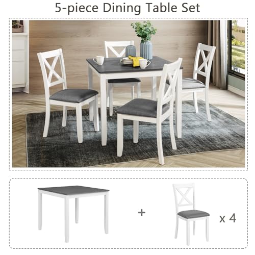 Image of Harper & Bright Designs 5-Piece Wood Dining Table Set for 4, Kitchen Furniture Set with 4 High Back Upholstered Dining Chairs for Small Places,White+Gray