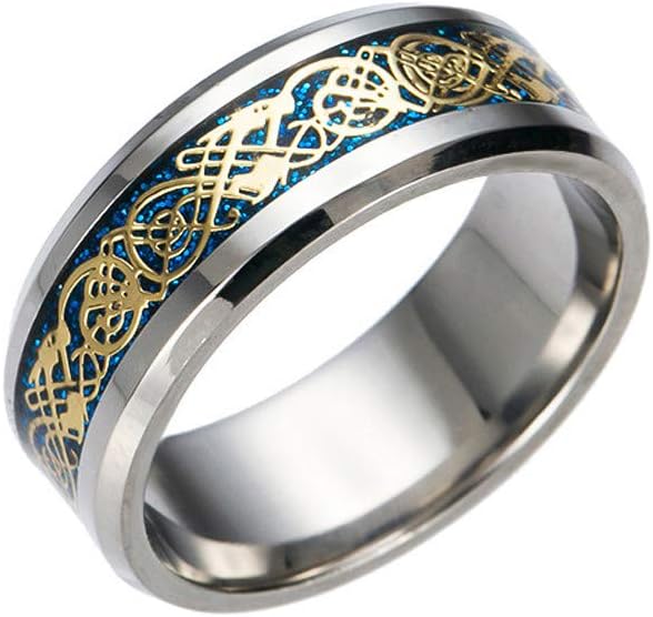 Bokeley Jewelly Rings Gift, Men Tungsten Carbide Ring Wedding Band 8mm Silver Celtic Dragon Inlay Polish Finish (Size:12, Blue)