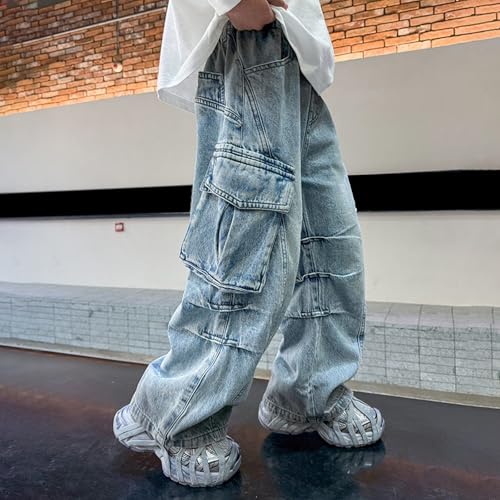 Boys Baggy Jeans Y2K Vintage Straight Wide Leg Ripped Denim Pants Teen Aesthetic Elastic Waist Loose Cargo Trousers3