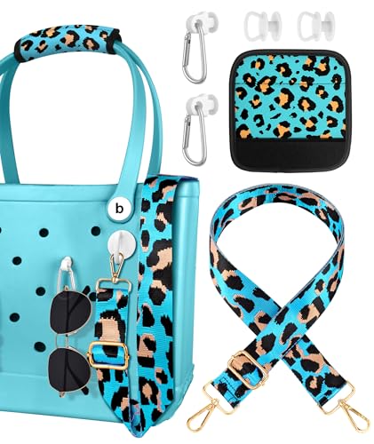 Image of Bag Strap Crossbody Charms for Bogg Bag Accessories - Shoulder Strap Neoprene Luggage Handle Wrap for Suitcase & 2 Key Holders Blue Leopard