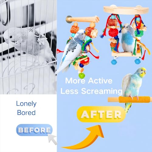 Image of Bird Perches,Natural Wood Birds Stand Branch with Chew Toys,Parakeet Parrot Perch for Cage, Bird Cage Chew Toy & Hanging Toy for Cockatiels Lovebirds Budgies