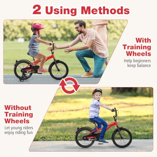 Image of BABY JOY Kids Bike, 12 14 16 18 Inches Sporty Bicycle with Training Wheels, Adjustable Seat, Handbrake & Coaster Brake, Reflectors, Girls Boys Bike for 3-8 Years Old Children