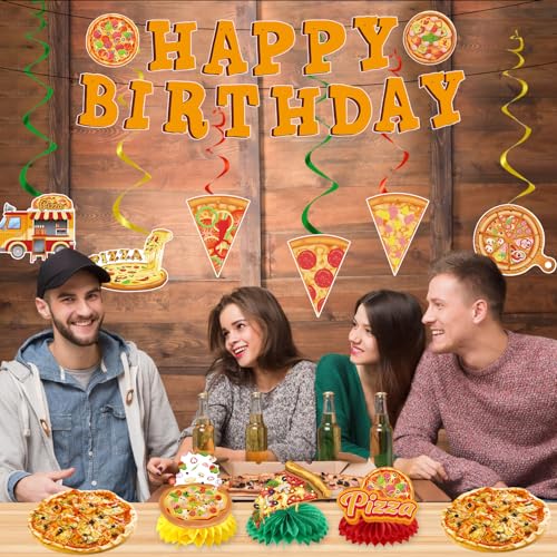 Image of Pizza Birthday Party Decorations - 11PCS Pizza Happy Birthday Banners Hanging Swirl Honeycomb Centerpieces Table Decor Supplies