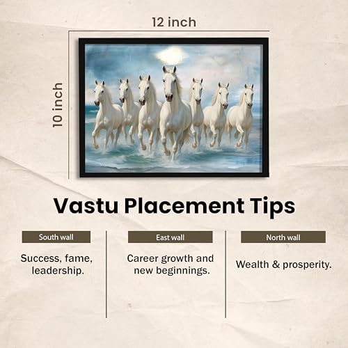 Image of 7 White Running Horses Vastu Framed Wall Art Painting for Living Room| Symbol of Success, Purity & Positive Energy Seven Horse Painting With Frame for Home & Office, 10x12 Inch