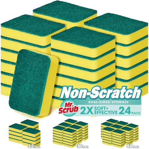 Mr. Scrub Sponges Kitchen Scrub Dish Sponge Scouring Pad, 24 Pack Cleaning Brush Scrubber Supplies for Soap, Dishwashing Dinnerware Sets Pan Pot Towels Cloth Rags Holder Glass Dishwasher Sink Bathroom
