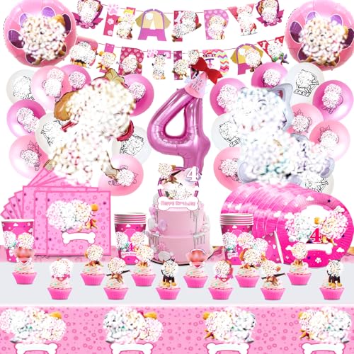 91 Pcs Decoración Cumpleaños Paw 4 años, Dog Fiesta Cumpleaños, Vajilla, Globos, Mantel, Decoración de Pastel, Fondo para Fotos Artículos para Fiestas Infantiles