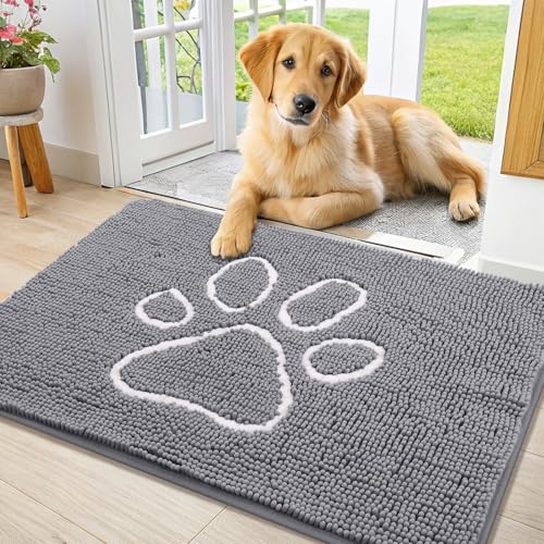 Image of Smiry Dog Door Mat for Muddy Paws, Absorbent Dirt Trapper Non Slip Quick Dry Washable Chenille Mat for Mud Dogs, Entry Rug for Indoor and Outdoor (36x24 Inches, Grey and White)