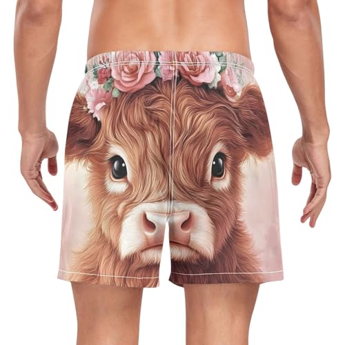 Men's Swim Trunks Cute Highland Cow Garland, Quick Dry Beach Board Shorts with Liner, Swimwear Bathing Suits S2