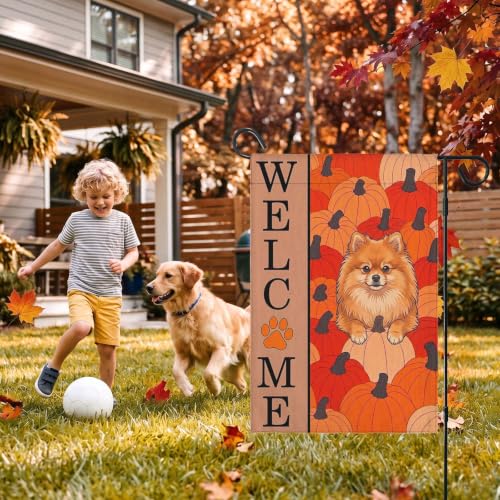 Image of Pomeranian Flag for Yard Outdoor, Pumpkins Fall Decor