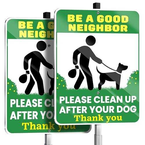 Be a Good Neighbor Clean Up After Your Dog Signs, 10 x 13 Inch Reflective Aluminum Outdoor Yard Signs with 28 Inch Metal Stake, 2 Pack
