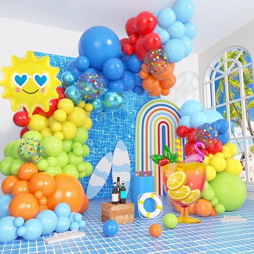 Amandir 165Pcs Summer Beach Pool Party Balloons Decorations Splash Tropical Balloon Arch Garland Kit, Foil Wine Glass Sun Colorful Balloons for Hawaiian Luau Holiday Swimming Birthday Party Backdrop
