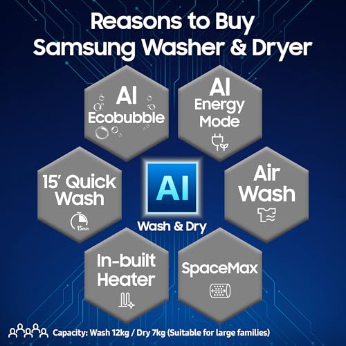 Image of Samsung 12 kg (Wash) / 7 kg (Dry), 5 Star, AI EcoBubble, AI Energy Mode, Air Wash, Super Speed, Hygiene Steam, Wi-Fi, Digital Inverter, Fully-Automatic Front Load Washer Dryer (WD12FG5B34BBTL, Black)