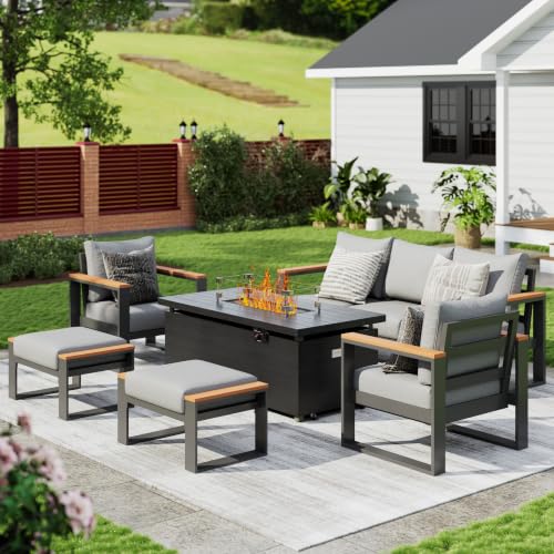 Image of Sundale Outdoor Aluminum Patio Furniture Set, 6 Piece Outdoor Conversation Sets with Fire Pit and 6 inch Thick Olefin Cushions, All Weather Outdoor Sectional Set for Deck, Lawn, Yard
