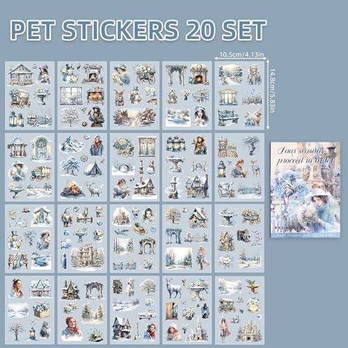 Image of Jaravik Seasons Theme Vintage Aesthetic Sticker Book - 20 Sheets Seasonal Scrapbook Stickers | | Cottagecore Planner & DIY Craft Supplies Scrapbooking Stickers (Winter)