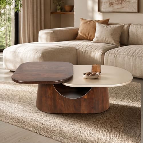 Image of Gharaana Bruno Modern Wooden 2-Tier Centre Table for Living Room (51x24x17) Solid Mango Wood | Teak-Dusky Pink-Dark Walnut Finish | Rectangular Solid Wood Luxury Contemporary Coffee Table