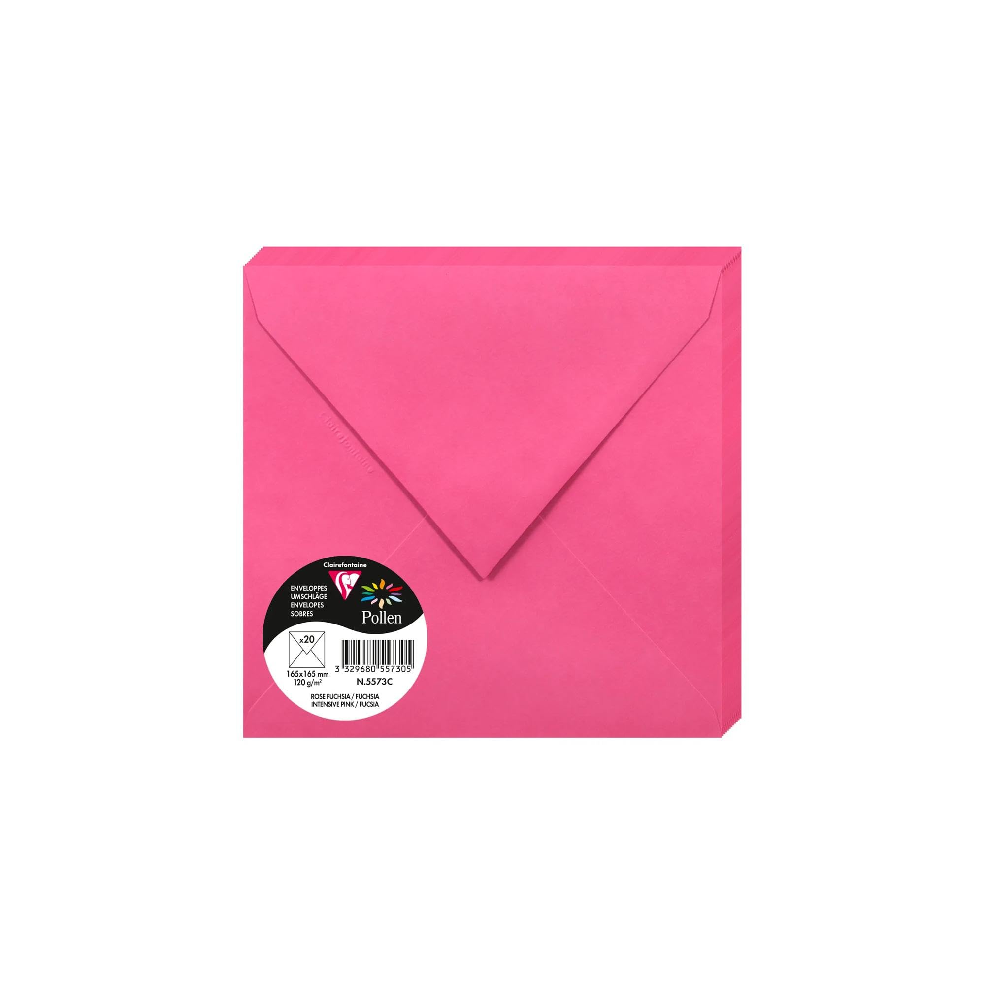 Clairefontaine 5573C - Paquet de 20 Enveloppes Gommées - Format Carré 16,​5x16,​5cm - 120g/​m² - Coloris Rose Fuchsia - Invitation Evènements et Correspondance - Gamme Pollen - Papier Premium Lisse